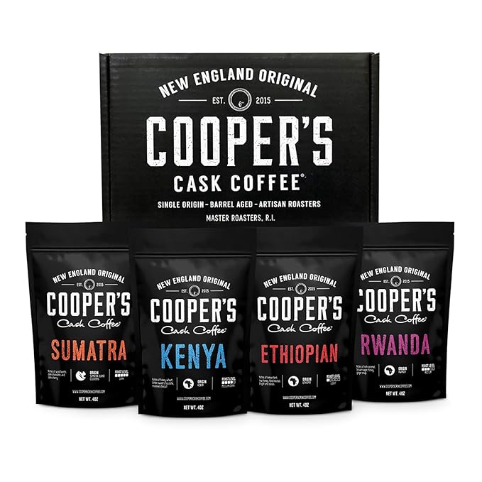 Gourmet Coffee Sampler Gift Box Set, Roasted Coffee Ground, Sumatra Dark, Kenya AA Medium-Dark, Rwanda Medium, Natural Ethiopian Light, Ground, 4 Bags, 16 oz Total
