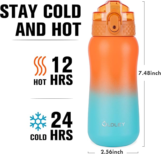 OLDLEY Insulated Kids Water Bottle 12oz, Stainless Steel, Double Wall, Leak-Proof, School Travel, Ombre Orange-Green