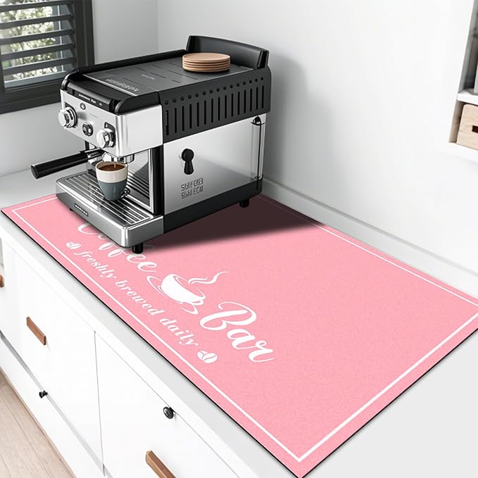 Absorbent Coffee Mat, Fashion Dish Drying Mat for Kitchen Counter Coffee Bar Accessories Espresso Machine Dish Rack 17" x 32" Pink
