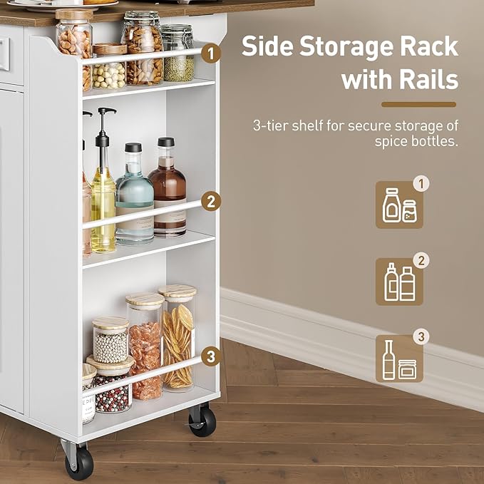 Kitchen Island with Power Outlets & Drop Leaf, Rolling Kitchen Cart on Wheels, Kitchen Storage Island with Spice Rack and Drawer for Kitchen, Dinning Room, White and Walnut