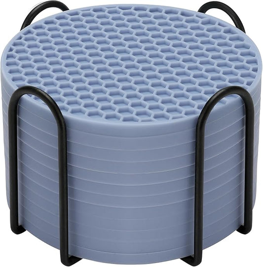 Silicone Coaster Set of 12 with Holder, Drinks Coasters, Beer & Coffee, Suitable for All Cups, Hot or Cold, Anti-Slip, Non-Stick, Anti-Overflow Tabletop Protection and Decor (12 Pcs, Blue)
