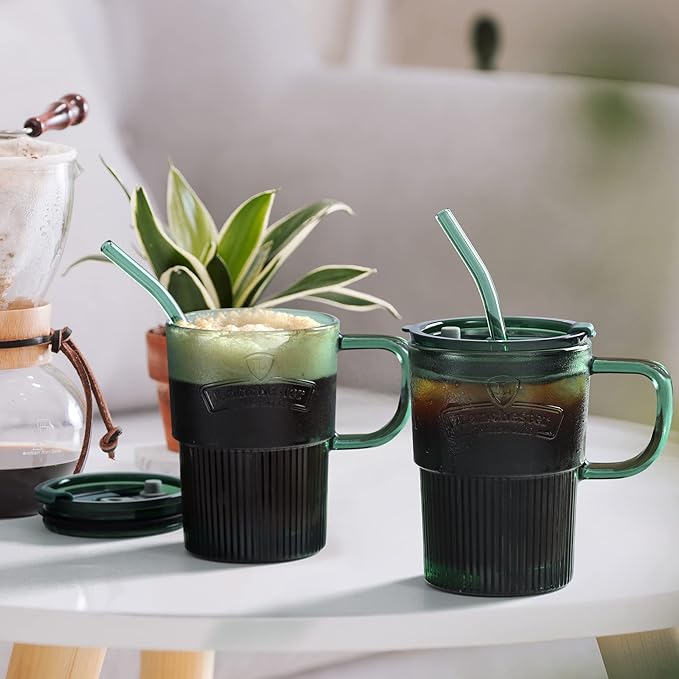 Joeyan Glass Coffee Cup Tumbler with Handle Lid and Straw, Smoothie Iced Coffee Tea Glasses Mug, Green Colored Drinking Jar for Water Juice Beverages Soda Milk, 15oz, Set of 2, Dishwasher Safe