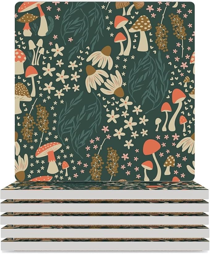 Botanical Drink Coasters, Square Ceramic Drink Coaster Square-6PCS, Cartoon Green Botanical Floral Leaves Mushroom Plant Decor Absorbent Ceramic Coasters for Beverage Cup, Bar, Coffee Table