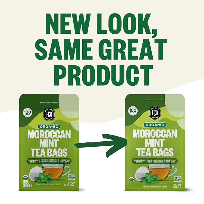 FGO Organic Moroccan Mint Green Tea, 100 Count, Eco-Conscious Tea Bags, Resealable Bag, Packaging May Vary (Pack of 1)