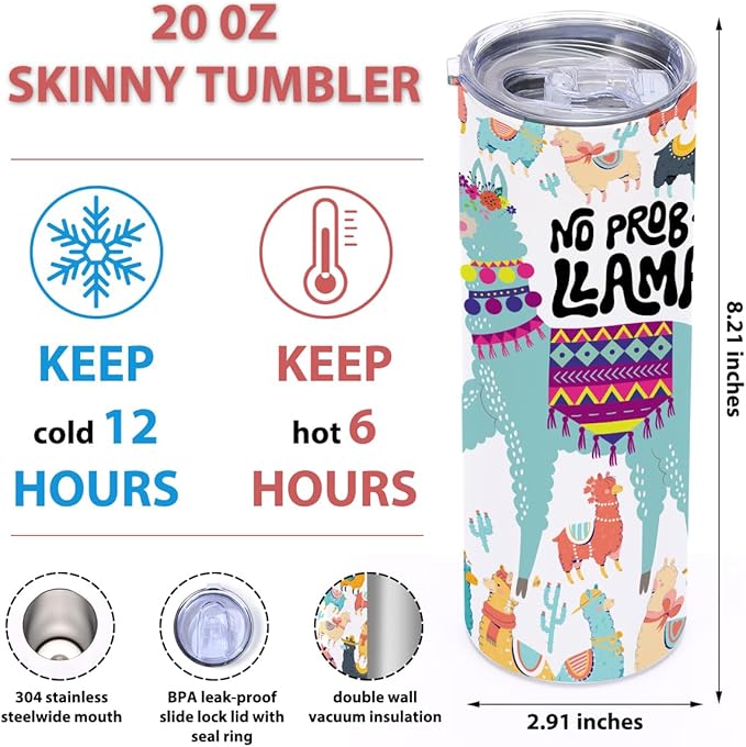 Llama Gifts, 20 Oz Straight Skinny Tumblers, Stainless Steel Tumbler, Double Wall Vacuum Travel Mug, Llama Animal Coffee Cup, Insulated Coffee Mug Thermal Cup for Home, Office, Outdoor
