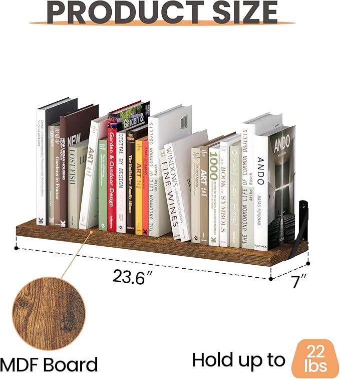 upsimples Floating Book Shelves for Wall, 23.6 Inches Floating Wood Shelves for Living Room, Laundry Room, Bedroom, Office Organizer and Storage, Brown