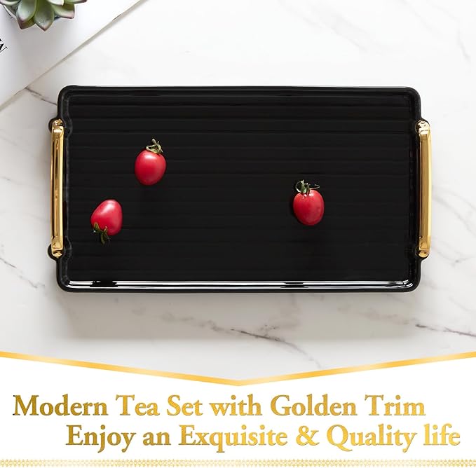 DUJUST Porcelain Serving Tray with Golden Handles, Modern Nordic Style Coffee Table Tray, Beautiful Tea Trays Decor for Living Room, Easy to Use & Clean - Black