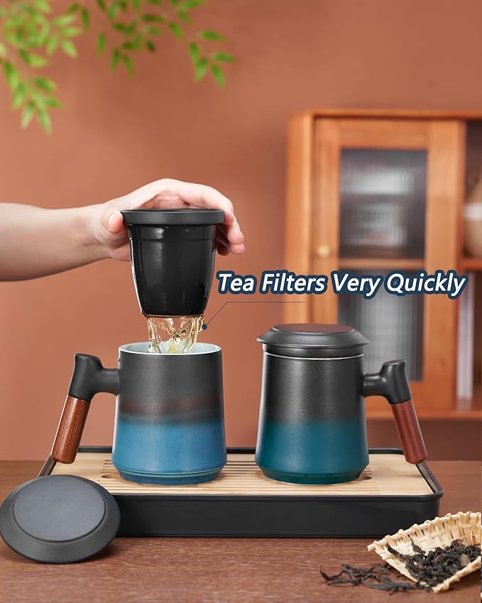 ZENS Gradient Blue Tea Cup with Infuser and Lid, 14.5oz Wood Handle Tea Mug, Loose Leaf Tea Steeper & Strainer, Tea Lovers Gifts