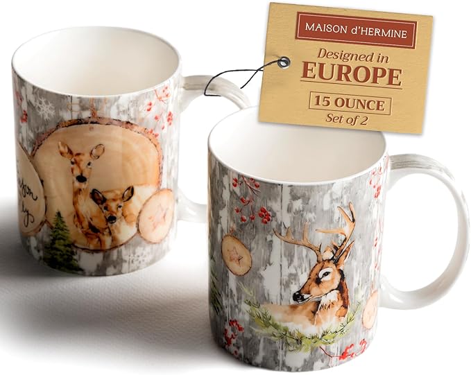 Maison d' Hermine Coffee Mug with Handles Fine Bone China Mugs Pack of Two Tea Cups for Hot Beverages Cappuccino Latte Home Restaurant Office Perfect for Gift (Mountain Life, 15 Ounce)