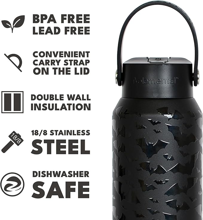 Elemental 40oz Insulated Water Bottle with Straw - 100% Leak-Proof Stainless Steel Core Water Bottles for Travel, Sports and Gym - Double Wall Insulation & BPA Free - Night Flight
