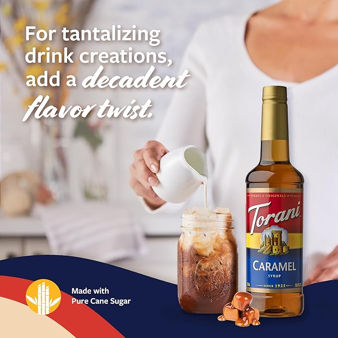 Torani Caramel Coffee Syrup for Drinks & Desserts, Glass Bottle with Pump Included, 25.4 Fl Oz