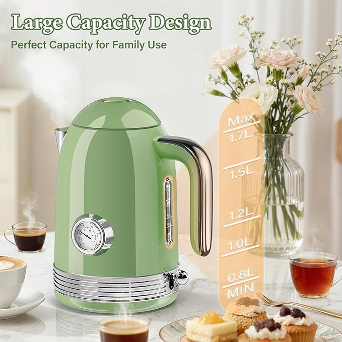 Electric Kettle - 1.7L Hot Tea Water Boiler with Thermometer, 1500W Fast Heating Stainless Steel Pot, Cordless LED Indicator, Auto Shut-Off & Boil Dry Protection, Retro Green