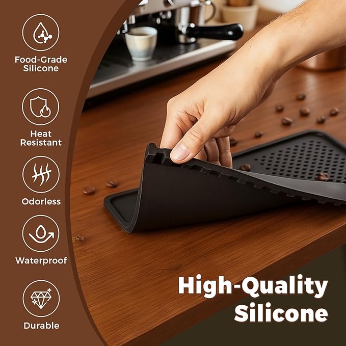 CARROTTIMES Espresso Tamper Mat, 10.43″×5.63″ Food Grade Silicone Coffee Tamping Mat for Barista, Espresso Machine, Multi-Slot Design for Portafilter&Accessories,7mm Thickened Pad for Counter