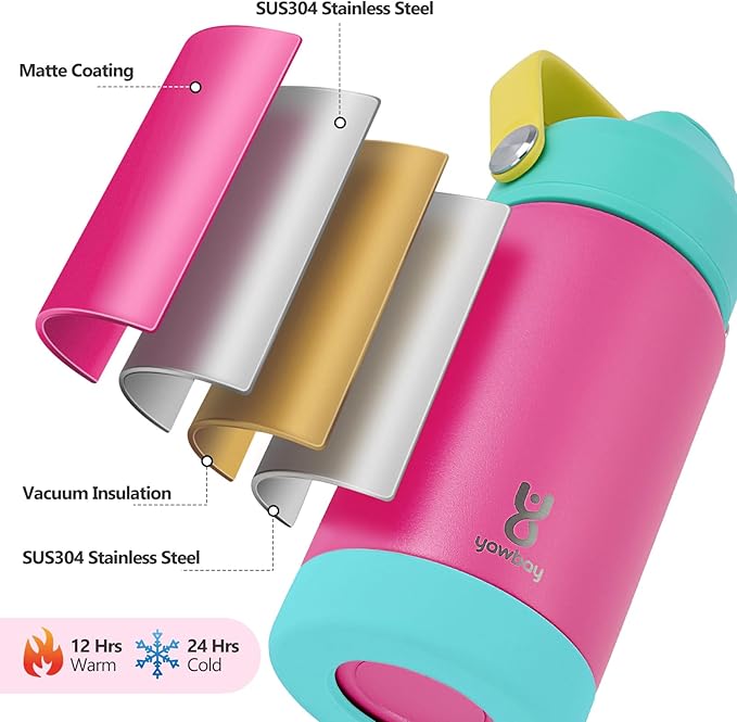 Kids Insulated Water Bottle with Straw Lid & Silicone Handle,12oz Kids Leak Proof Water Bottle for School Boys Girls,Double Wall Vacuum Stainless Steel with Non-slip Silicone Base(Rose Pink)