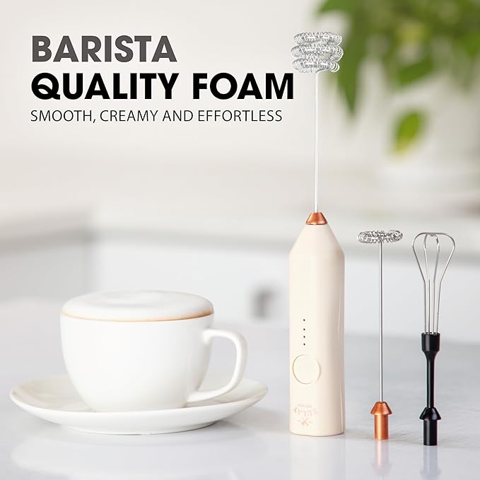 Zulay Kitchen Rechargeable Milk Frother - Dynamic - 3 Speeds, 3 Whisk Attachments, 500 mAh USB Charging, Drink Mixer For Latte, Cappuccino, Matcha, Protein Powder, Coffee Foam - Cream Copper