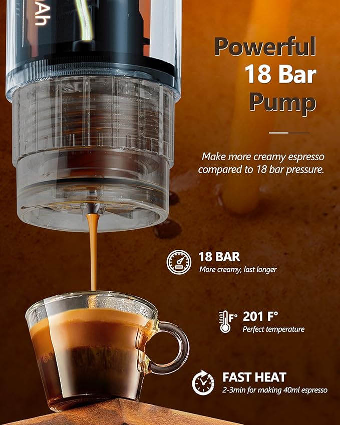 CONQUECO Self-Heating Portable Espresso Machine: Travel Coffee Maker with 13500mAh Battery - 12v Small Electric Fast Heating - Set for Ground Coffee & NS Capsule for RV, Car, Hiking, Office, Camping