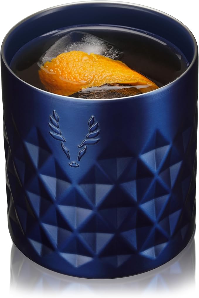 Viski Paragon Cocktail Tumbler Insulated Cocktail Cup, Insulated Ceramic Lined Rocks Tumbler, Stainless Steel Whiskey Glass Blue 12oz Set of 1