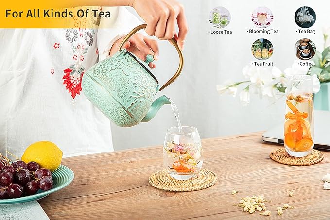 TOPTIER Tea Kettle for Stove Top, Cast Iron Teapot Stovetop Safe with Infusers for Loose Tea, 22 oz, Light Green