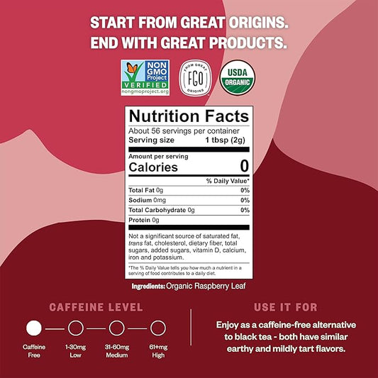FGO Organic Red Raspberry Loose Leaf Herbal Tea, Cut and Sifted, Caffeine Free, Resealable Bag, 4oz (Pack of 1)