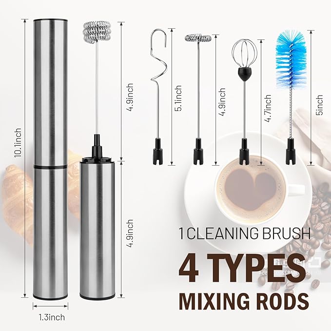 Milk Frother Wand for Coffee, Coffee Foamer Drink Mixer,Handheld Frother Rechargeable Electric Whisk with 5 Heads 2 Speeds for Latte, Cappuccino, Hot Chocolate, Egg(Home and Travel Set Silvery)