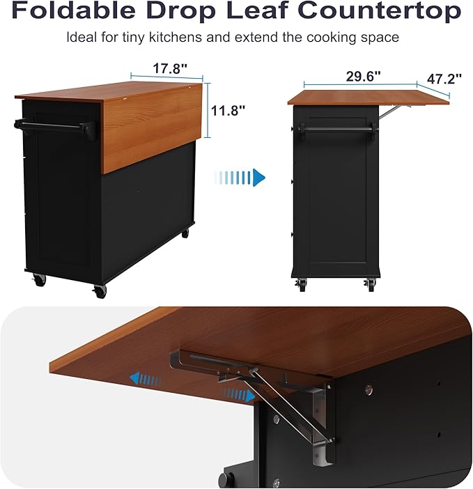 Mobile Kitchen Island with Drop Leaf, Rolling Kitchen Cart with 3 Drawers, Kitchen Storage Cabinet on Wheels, Island Table with Towel and Spice Rack for Dining Room, Living Room, Black