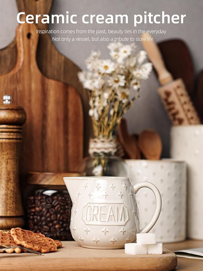 Creamer Pitcher,10 OZ Ceramic Creamer Pitcher with Handle for Milk, Sauces, Salad, Coffee, Farmhouse Kitchen Decor, Microwave & Freezer Safe (Vintage White)