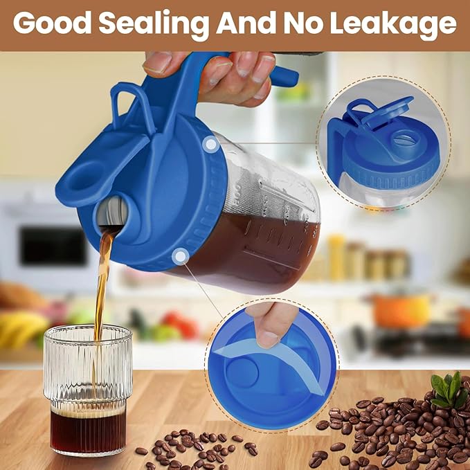 QHH Cold Brew Coffee Maker,32 oz Mason Jar Pitcher with Stainless Steel Filter, Pour Spout Handle Lid, Heavy Duty Glass Airtight & Leak-Proof Pitcher for iced coffee Tea Lemonade-Blue