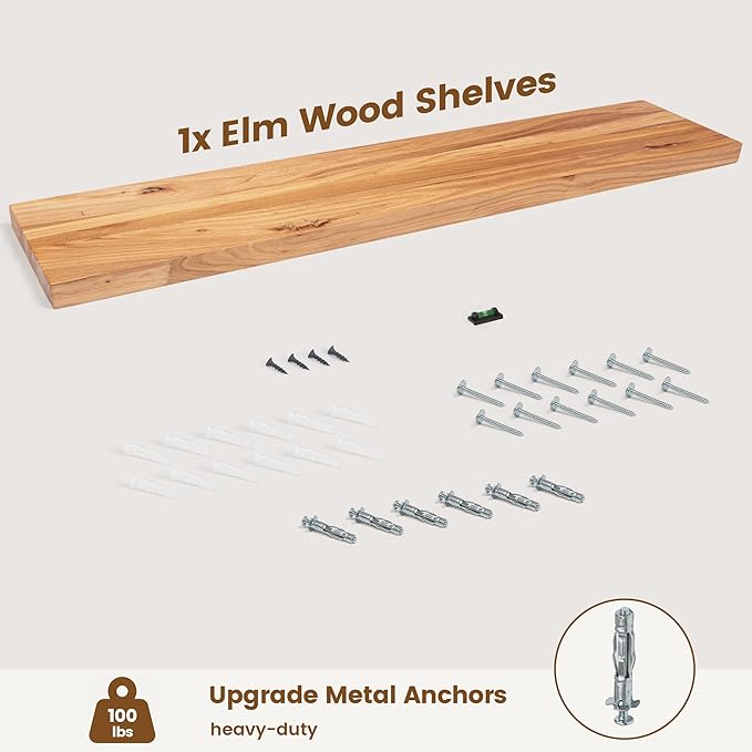 Reclaimed Elm Wood Floating Shelf for Wall, Flat Edge 48"W x 9.2"D x 1.4"H, 1 Pack with Invisible Bracket, Large Wall Mounted Shelf for Living Room Bedroom Kitchen Bathroom Decor, Natural Finish