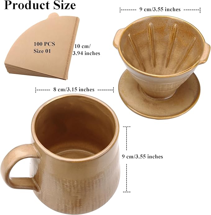 Pour Over Coffee Maker Set - 300ml Ceramic Mug with Dripper & 100 Small Cone Filters, Brown