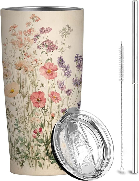 Wild Flower Tumbler 20 oz, Stainless Steel Travel Mug with Leak-Proof Lid and Retractable Straw, Floral Insulated Cup for Coffee, Tea and Iced Drinks, Birthday and Christmas Gifts for Women