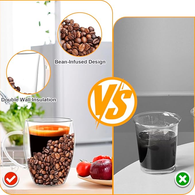 Glass Coffee Cup Mug - 16 Oz, Insulated Double Walled Coffee Cup with Beans, Large Clear Cute Iced Espresso Cappuccino Latte Tea Cup with Handle, Heat Resistant For Hot Drinks Beverage Liquor Shots
