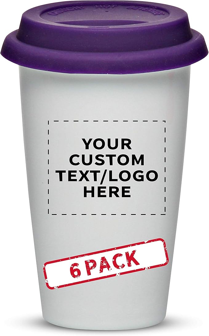 Personalized 11 oz. Double Wall Ceramic Tumblers with Lid - 6 Pack - Custom Text, Logo - Purple