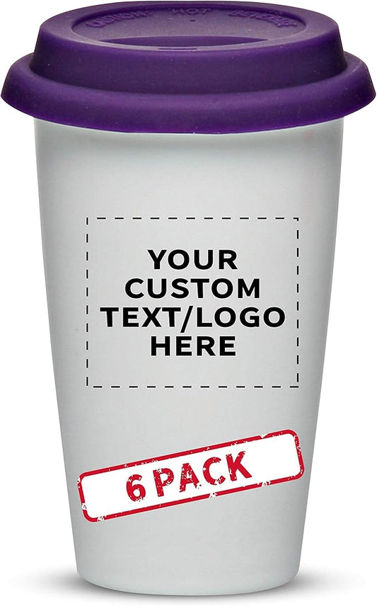 Personalized 11 oz. Double Wall Ceramic Tumblers with Lid - 6 Pack - Custom Text, Logo - Purple