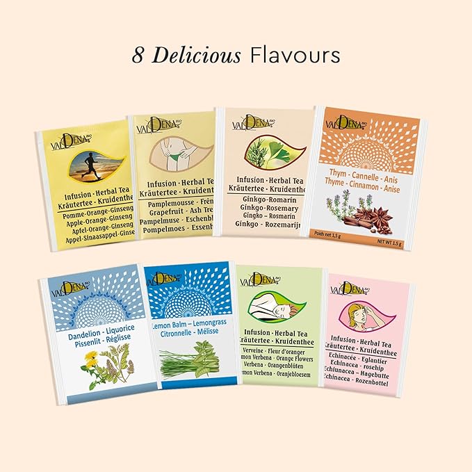 Valdena Bio Organic Herbal Teas for Your Wellness Tea Sampler Gift Caffeine Free 8 Flavors Assorted Tea Sets Variety Pack 64 Individually Wrapped Tea Bags Gift for Tea Lovers