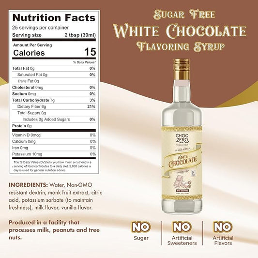 ChocZero Sugar Free White Chocolate Syrup for Coffee - Latte Flavoring Syrups - Keto Friendly, Zero Sugar, 25.4 Ounces (Pack of 1)