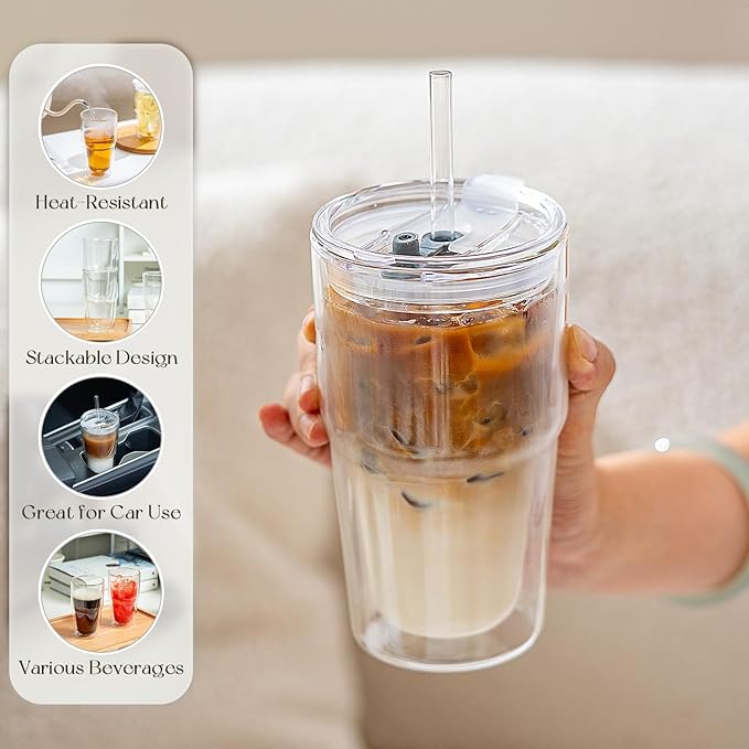 16oz Clear Double Wall Drinking Glass Cups with Lids and Straws, 2 Pc Set – Condensation Resistant Insulated Glass Can Tumblers for Cold Drinks,Iced Coffee,Tea,Juice and Mixed Drinks Cleaning Brush