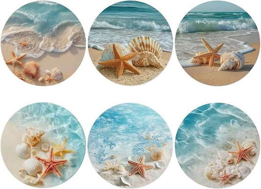Beach Coasters for Drinks with Holder Round Leather Coasters Set of 6 Cups Mugs Mat Pad for Home Kitchen Bar