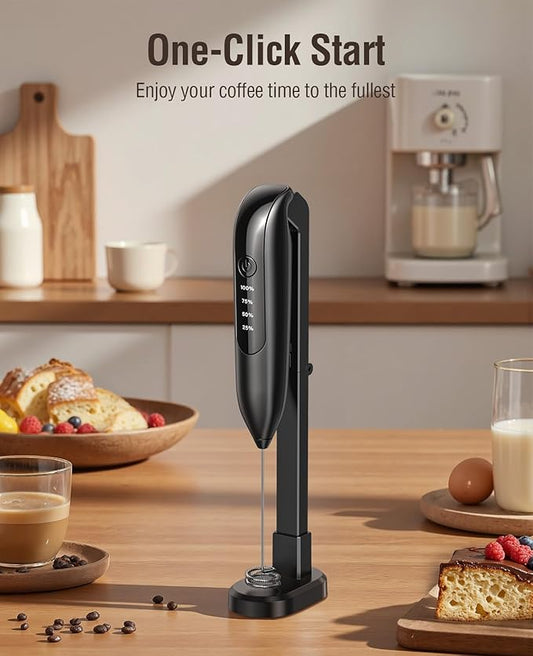 Electric Milk Frother Handheld: coffee frother rechargeable 3 in 1 - LED Display, Wireless Charging - 3 Speeds, Stainless Steel Whisk for Latte, Cappuccino - Bright Grey