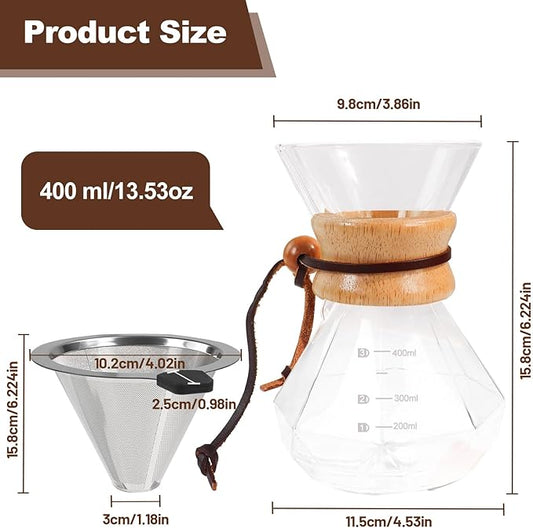 Pour Over Coffee Maker 400ml 13.5oz Glass Drip Coffee Maker with 304 Stainless Steel Filter High Borosilicate Glass Duckbill Spout Solid Wood Handle Pour Over Coffee Dripper for Daily Brewing
