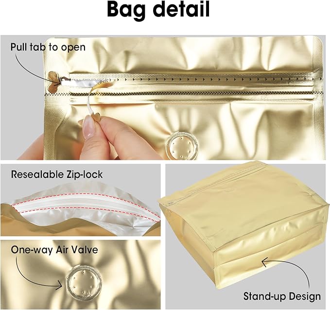 50 Count 16oz Coffee Bags with Valve,1lb Vented Coffee Beans Packaging Bags High Barrier Aluminumed Foil Flat Bottom Heat Sealed Side Zipper Resealable Storage Bag for Home or Business（Gold）