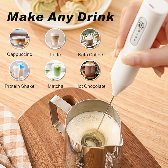 Rechargeable Milk Frother Handheld, USB-C Coffee Foam Maker with Stainless Steel Whisk ＆ 3 Speeds, Coffee Frother Electric Hand Drink Mixer Stirrer for Matcha, Hot Chocolate,Frappe,Powder Drink(White)