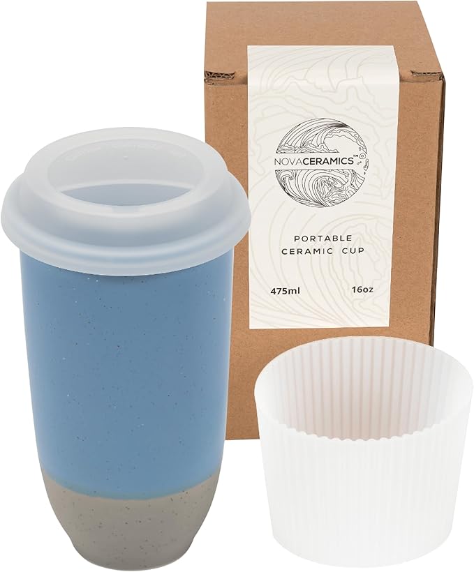 NOVA CERAMICS Travel Mug - Ceramic Coffee Mug With Lid – Microwave & Dishwasher Safe Coffee White & Grey Tumbler - Fits In Cup Holder – 16oz – Coastal Drift