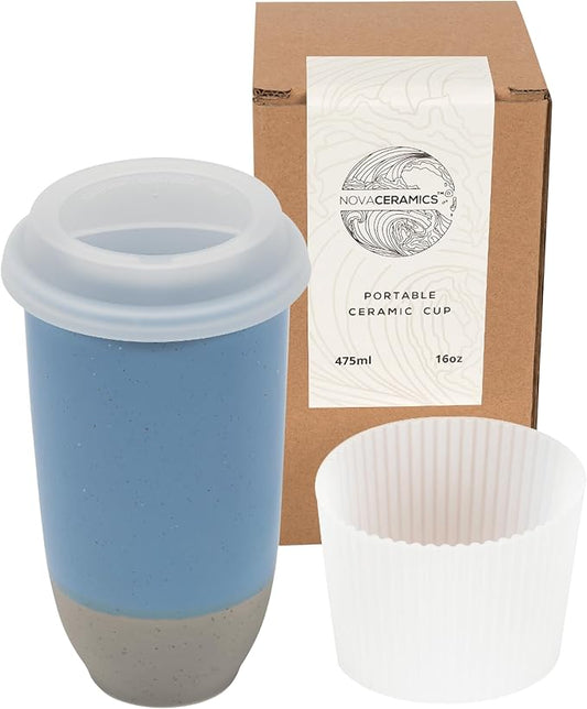 NOVA CERAMICS Travel Mug - Ceramic Coffee Mug With Lid – Microwave & Dishwasher Safe Coffee White & Grey Tumbler - Fits In Cup Holder – 16oz – Coastal Drift