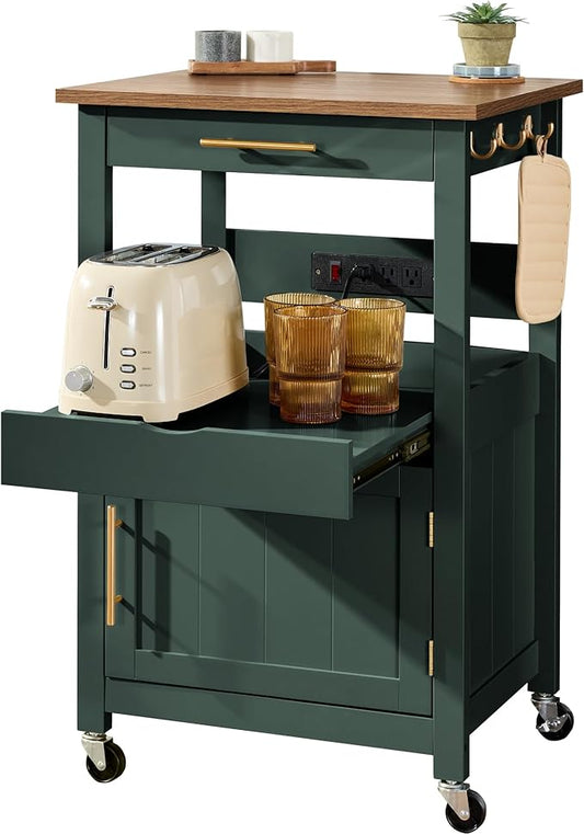 Best Choice Products Rolling Kitchen Island Cart, Single Door Cabinet W/Drawer, Sliding Tray, Outlet, Swivel Lockable Wheels, Hooks, Coffee Cart, Microwave Stand, for Dining Room - Forest Green