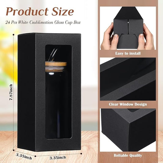 Honoson 24 Pcs Tumbler Gift Box with Ribbon for Sublimation Glass Exhibition Boxes Transparent for 12oz 16oz 20oz Drinking Cup Glasses Jars Mug Can Blanks(Black)