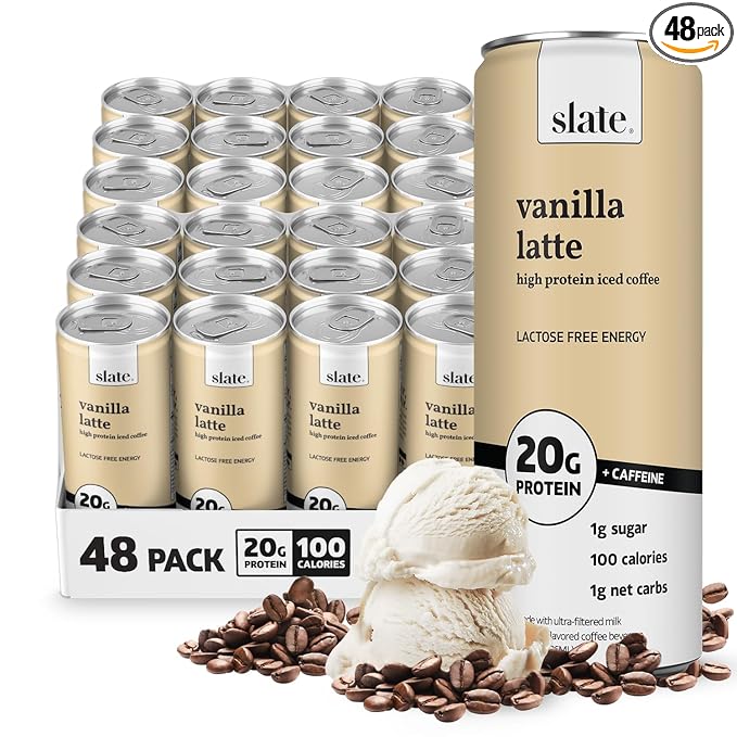 Slate Milk - High Protein Iced Coffee - Vanilla Latte - 175mg Caffeine, Lactose Free Energy - 20g Protein, 1g Sugar, 100 Calories, 1g Net Carbs, No Sugar Added - Protein Coffee - 11 fl oz, 48 Cans