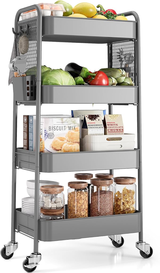 TOOLF 4 Tier Rolling Cart with Pegboard, Metal Storage Organizer Cart with Wheels, Hooks & Bins Esthetician Craft Art Sturdy Storage for Bathroom, Kitchen, Office, Nursery Diaper