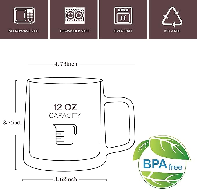 CNGLASS 12oz Glass Coffee Mugs,Double Wall Insulated Glass Cups with Handle,Clear Espresso Mugs for Latte,Cappuccino,Tea Bag,Set of 2