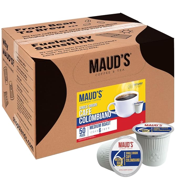 Maud's Colombian Coffee Pods, 50 ct, Single Origin, Medium Roast Coffee in Recyclable Single Serve Pods – 100% Arabica Coffee, Compatible with Keurig K Cups Maker