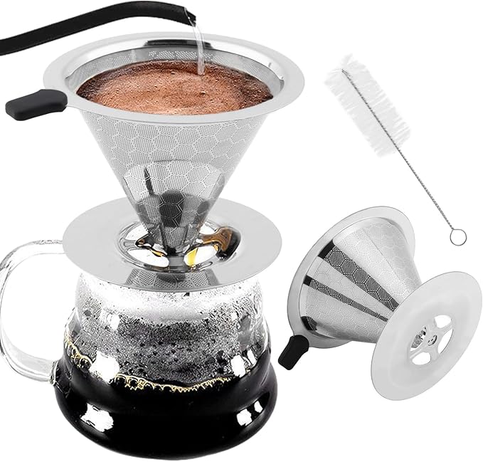 Pour Over Coffee Dripper, Double Mesh Coffee Filte-r Paperless Coffe-e Strainer Reusable Coffe-e Maker Dripper with Stand and Cleaning Brush(COLOR:Silver)
